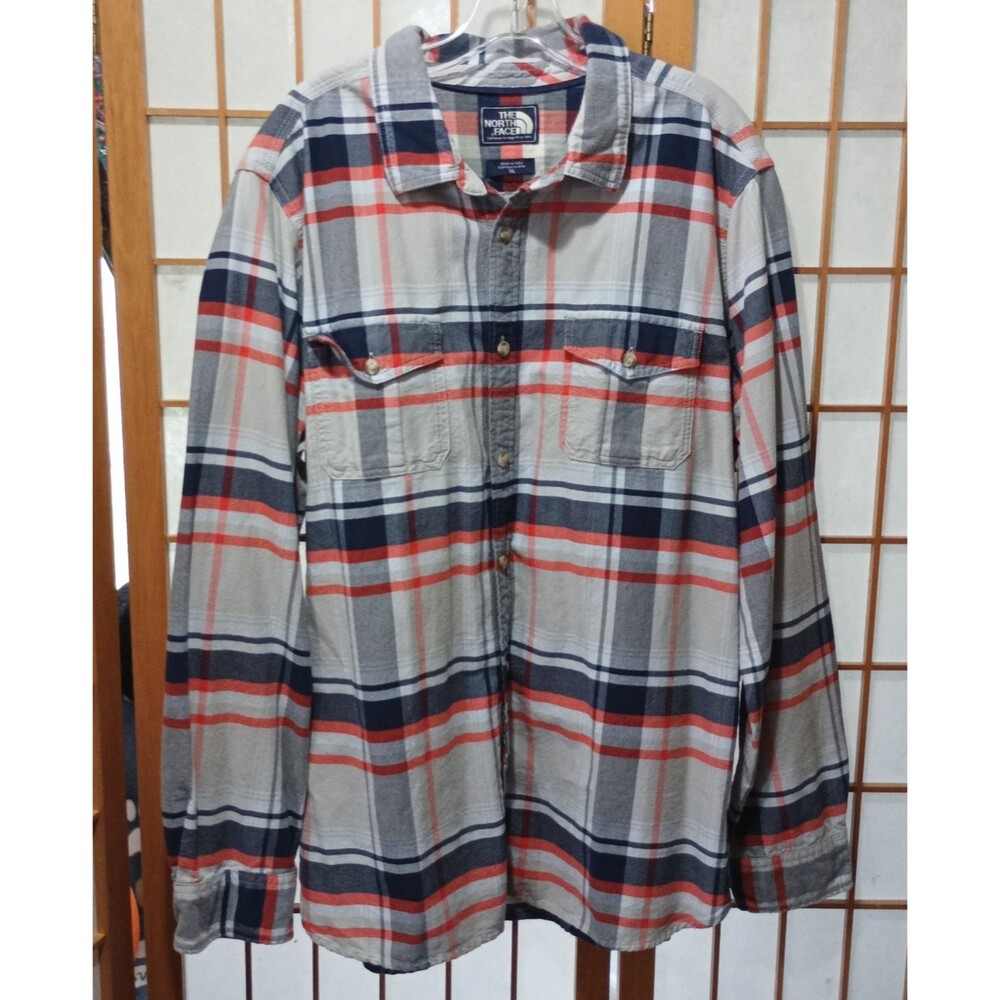 The North Face Mens XL Plaid Flannel Shirt Red Blue Gray Button Up Outdoor